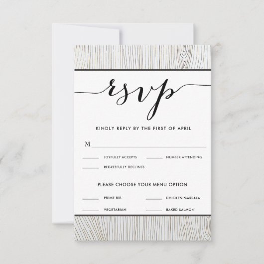 Rustige Chic Gold Wood Wedding RSVP-menuopties RSVP Kaartje (Voorkant)