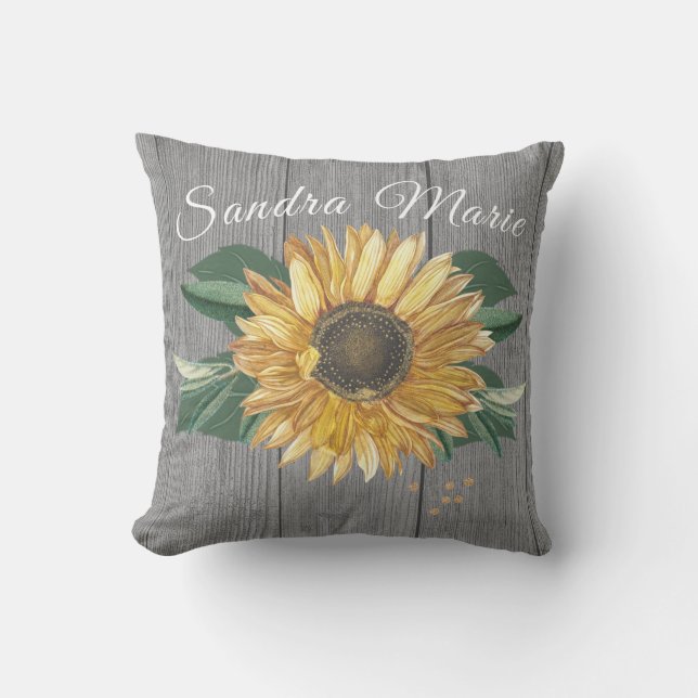 Rustige Chic Golden Yellow Sunflower Grey Wood Buitenkussen (Voorkant)