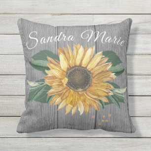 Rustige Chic Golden Yellow Sunflower Grey Wood Buitenkussen