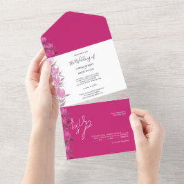 Rustige Chic Hot Pink Waterverf Flowers All In One Uitnodiging