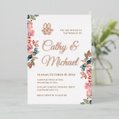 Rustige Chinese bruiloft met dubbel geluk floral Folie Uitnodiging (Staand Voorkant)