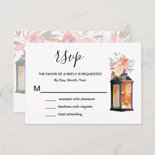 Rustige Coral Roos Gold Lantern Floral RSVP (Voorkant / Achterkant)