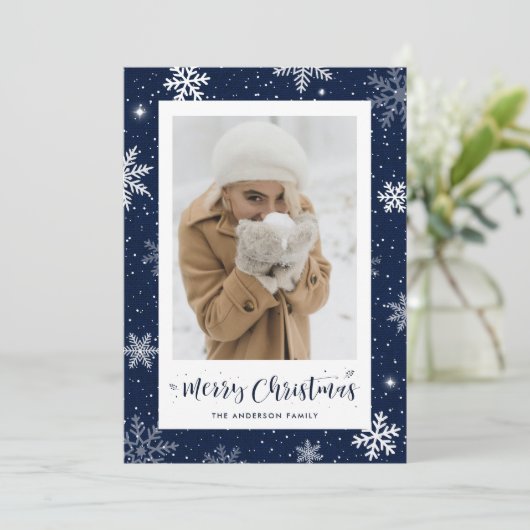 Rustige Country Blue Burlap-fotokerstkaarten Feestdagenkaart (Staand voorkant)