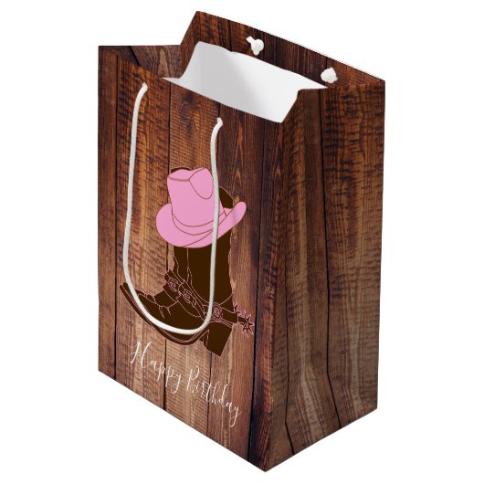 Rustige country Cowgirl Boots & Pet Barn Wood Plan Medium Cadeauzakje (Voorkant Gekanteld)