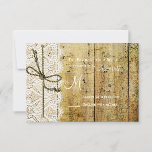 Rustige country wood Lace Square Wedding RSVP-kaar RSVP Kaartje (Voorkant)