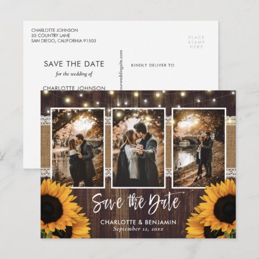 Rustige Country Wood Sunflower Foto Save the Date Aankondigingskaart (Voorkant / Achterkant)