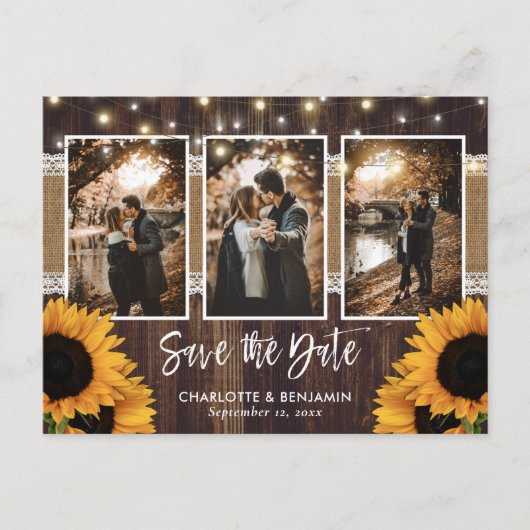 Rustige Country Wood Sunflower Foto Save the Date Aankondigingskaart (Voorkant)