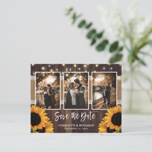 Rustige Country Wood Sunflower Foto Save the Date Aankondigingskaart (Staand voorkant)