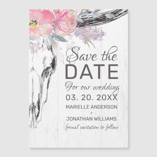 Rustige Cow Skull Blush Floral Boho Save the Date (Voorkant)
