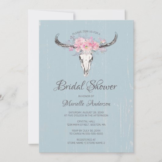 Rustige Cow Skull Boho Blush Floral B Vrijgezellen Kaart (Voorkant)