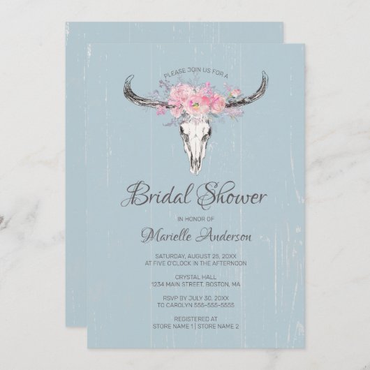 Rustige Cow Skull Boho Blush Floral B Vrijgezellen Kaart (Voorkant / Achterkant)