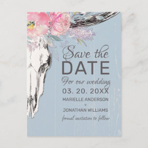 Rustige Cow Skull Boho Blush Floral Save the Date Aankondigingskaart