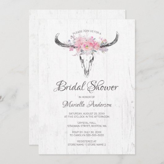 Rustige Cow Skull Boho Blush Floral Vrijgezellenfe Kaart (Voorkant / Achterkant)