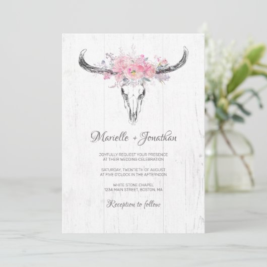 Rustige Cow Skull Boho Blush Floral Waterverf Kaart (Staand voorkant)
