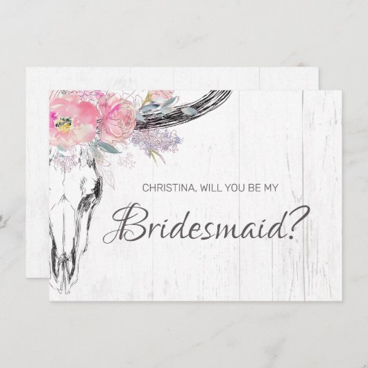 Rustige Cow Skull Boho Blush Pink Floral Bridesmai Kaart (Voorkant / Achterkant)