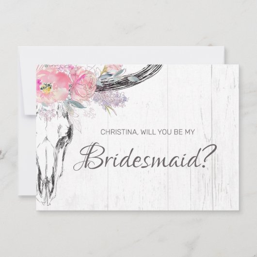Rustige Cow Skull Boho Blush Pink Floral Bridesmai Kaart (Voorkant)