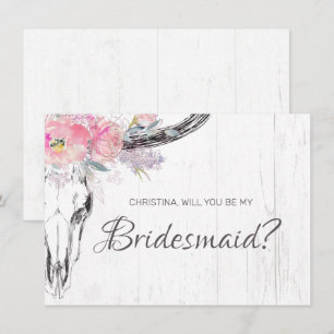 Rustige Cow Skull Boho Blush Pink Floral Bridesmai Kaart