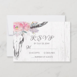 Rustige Cow Skull Boho Floral Blush Pink Waterverf RSVP Kaartje
