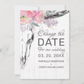 Rustige Cow Skull Boho Floral Blush Pink Waterverf Save The Date (Voorkant)