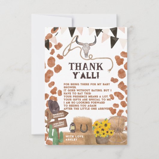 Rustige cowboy western baby shower van bruine koe bedankkaart (Voorkant)