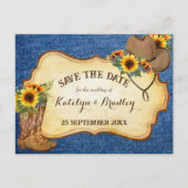 Rustige cowboylaarzen en pet-zonnebloemen denim aankondigingskaart (Voorkant)