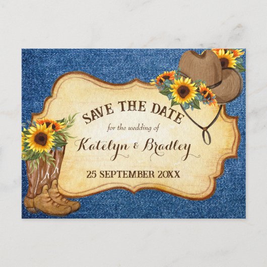Rustige cowboylaarzen en pet-zonnebloemen denim aankondigingskaart (Voorkant)