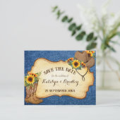 Rustige cowboylaarzen en pet-zonnebloemen denim aankondigingskaart (Staand voorkant)