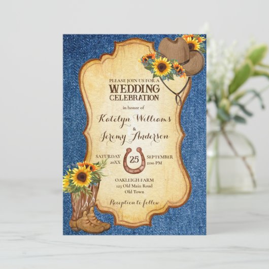 Rustige cowboylaarzen en pet-zonnebloemen denim kaart (Staand voorkant)