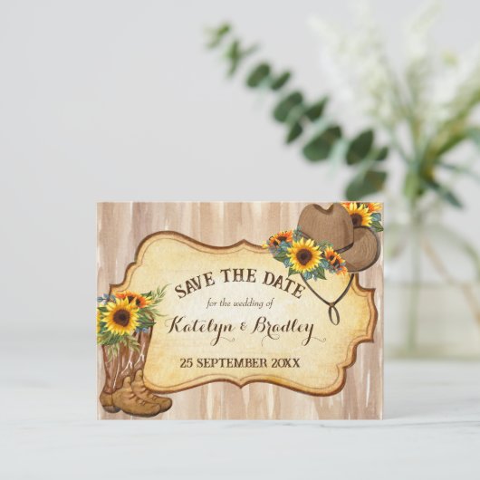 Rustige cowboylaarzen en waterverf van petten zonn aankondigingskaart (Staand voorkant)