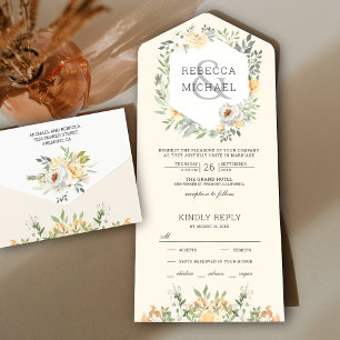 Rustige Cream Soft Waterverf Peach Floral Wedding All In One Uitnodiging