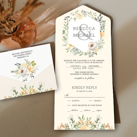Rustige Cream Soft Waterverf Peach Floral Wedding All In One Uitnodiging