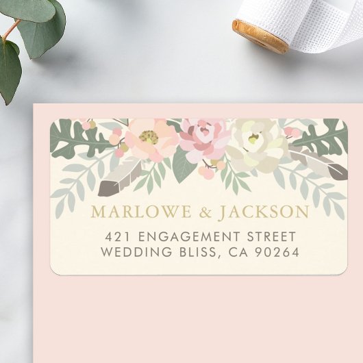 Rustige Crème Roze Boho Bloemige Bruiloft Etiket