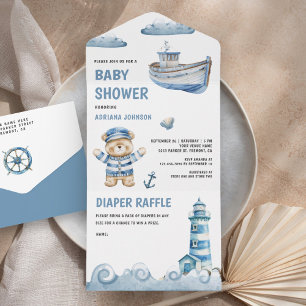 Rustige Cute Teddibeer Zeevaart Boot Baby Shower All In One Uitnodiging