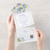 Rustige dagen en Blue Floral Bouquet QR-code All In One Uitnodiging (Afscheurbaar)