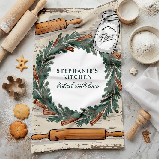 Rustige deegrollerkrans gepersonaliseerd kerstfees theedoek