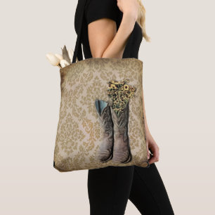 rustige demask western land cowboy boot tote bag