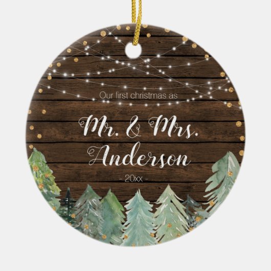 Rustige denboom Onze eerste Kerstmis Keramisch Ornament (Voorkant)