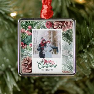 Rustige dennenappel vrolijk kerst familie foto metalen ornament