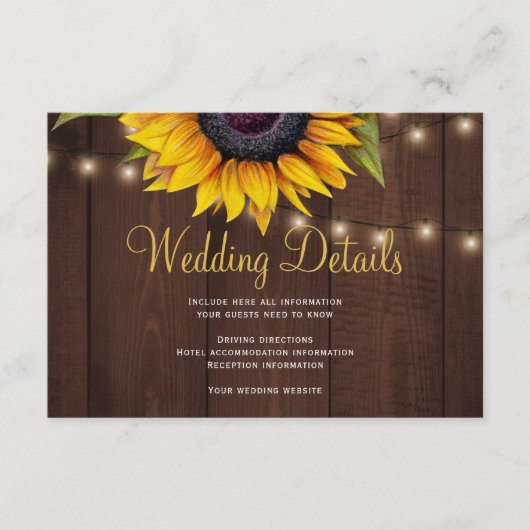 Rustige details over de bruiloft van zonnebloemen informatiekaartje (Voorkant)
