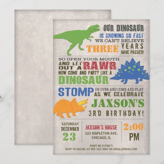 Rustige dinosaur-verjaardagsuitnodiging eerste 1e kaart (Voorkant / Achterkant)