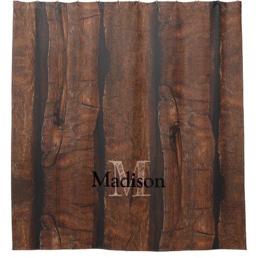 Rustige, donkerbruin, oud hout Monogram Douchegordijn (Voorkant)