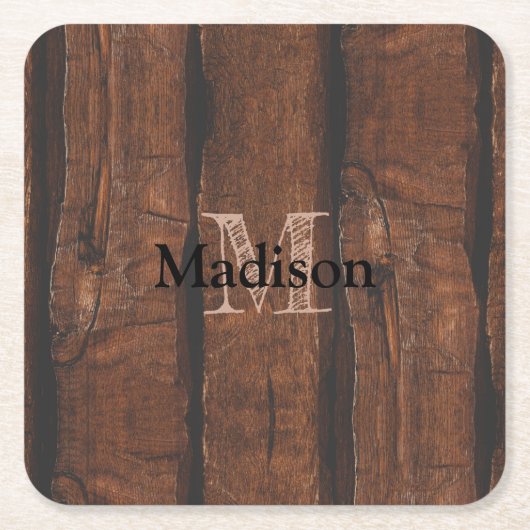 Rustige, donkerbruin, oud hout Monogram Kartonnen Onderzetters (Voorkant)
