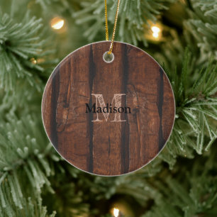 Rustige, donkerbruin, oud hout Monogram Keramisch Ornament