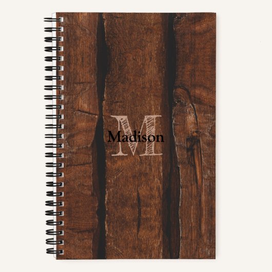 Rustige, donkerbruin, oud hout Monogram Notitieboek (Voorkant)
