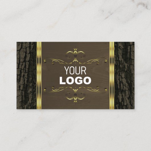Rustige donkerbruine boomschors Goud Grens Logo Visitekaartje (Voorkant)