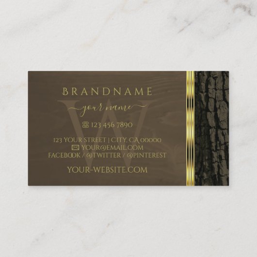 Rustige donkerbruine boomschors gouden randmonogra visitekaartje (Achterkant)
