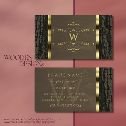 Rustige donkerbruine boomschors gouden randmonogra visitekaartje