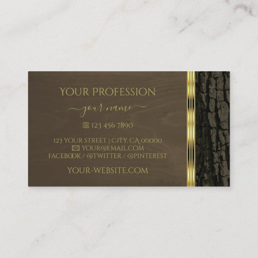 Rustige donkerbruine boomschors Hout Goud Grens Visitekaartje (Achterkant)