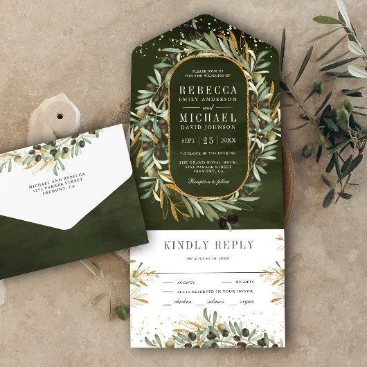 Rustige donkerbruine gouden olievlekken bruiloft all in one uitnodiging