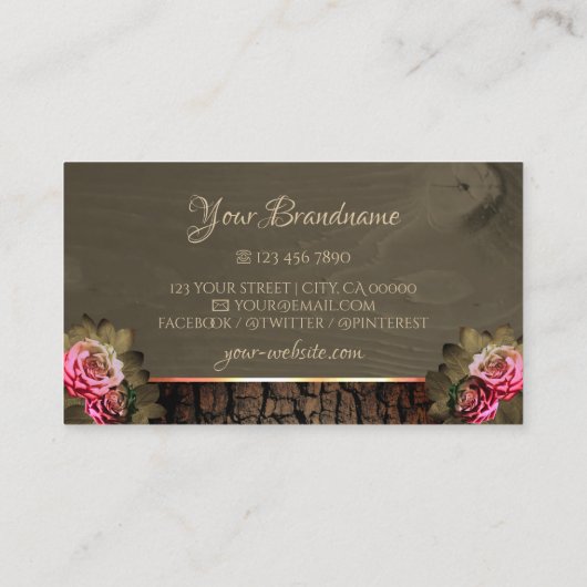 Rustige, donkerbruine houten korrels roze rozenmon visitekaartje (Achterkant)